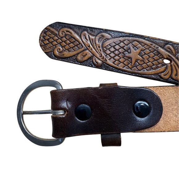 Vintage Tooled Leather Belt With Floral & Star Design - Picture 3 of 8